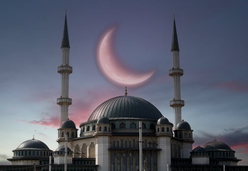 Taksim mosque with a crescent moon in the background. Happy the 27th day of Ramadan or laylat al-qadr. Istanbul, Turkey photo