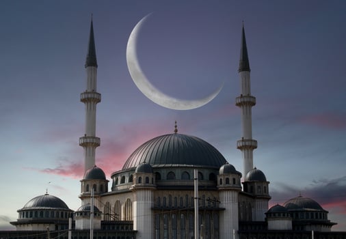 Taksim mosque with a crescent moon in the background. Happy the 27th day of Ramadan or laylat al-qadr. Istanbul, Turkey photo