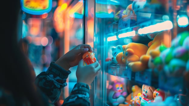 Blurry faces and hands reach for prizes in the arcade claw machines photo