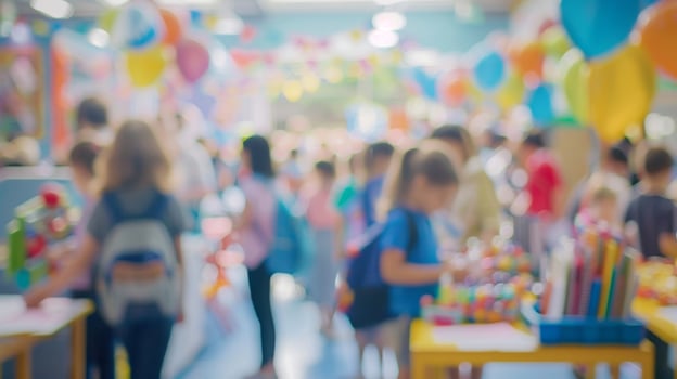 Defocused glimpses of teachers and parent volunteers managing different booths and activities at the school fair photo