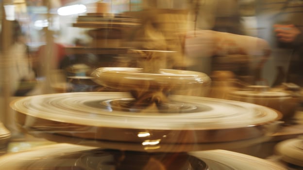 Obscured glimpses of pottery wheels and looms in action as crafters showcase their skills at an indoor show photo