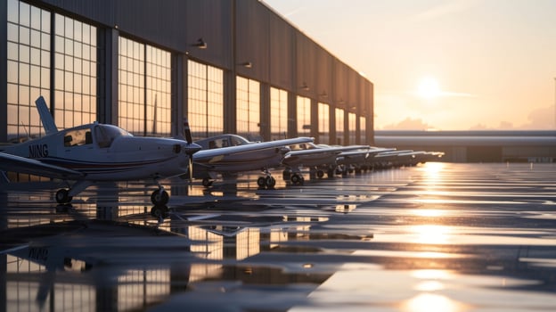 A line of small airplanes parked in front of a large hangar its shiny solar panels reflecting the sunlight photo