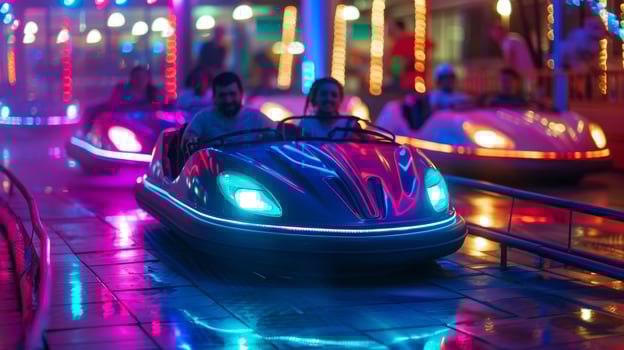 A group of friends riding in a solarpowered bumper car with colorful LED lights flashing as they zoom around the track photo