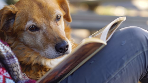 A dog watching over its owner as they read a book borrowed from the solarpowered library in the nearby park photo