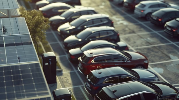 A bright and sunny day at the parking lot with electric cars charging on solarpowered stations photo