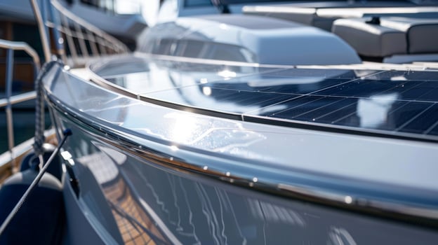 A curved and flexible solar panel being carefully adhered to the smooth surface of a luxury yacht photo