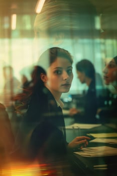 a woman in a business suit is sitting at a table photo