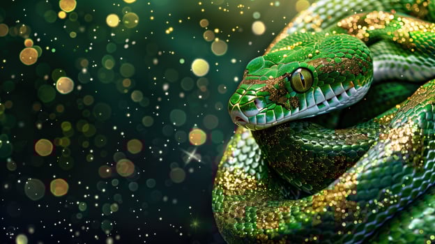 Snake 2025 Green snake is the symbol of the year 2025. Gorgeous wise wise shiny snake. Dreamy and pensive beautiful symbol of the coming new year Greeting holiday template ai generate photo