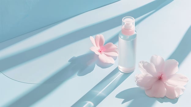 A bottle of toner with petals on each side on a pastel blue background with light pink accents. photo