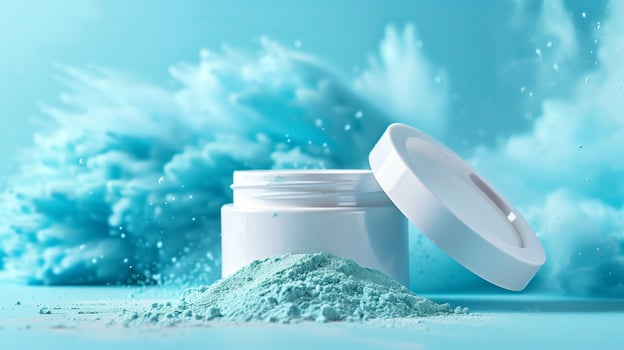 A dental powder products in a white jar with lid open, surrounded by light blue powder dust. photo