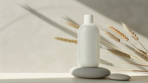 A bottle of skincare product on the top of large stones stacked together. photo