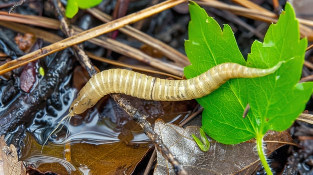 A worm crawling on a leaf in the water, AI photo