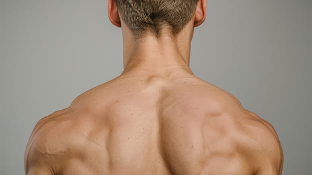A man with no shirt on standing in front of a gray background, AI photo