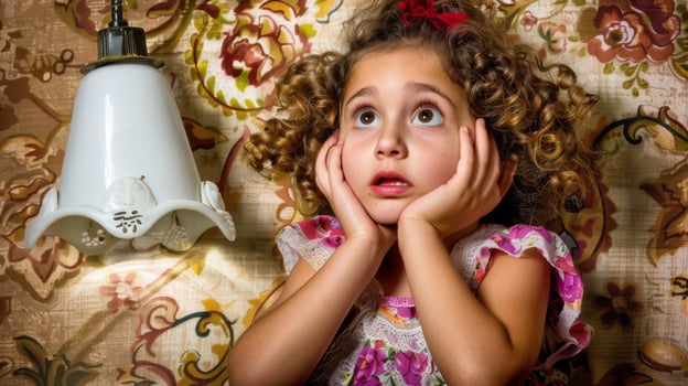 A little girl with curly hair sitting on the floor next to a lamp, AI photo