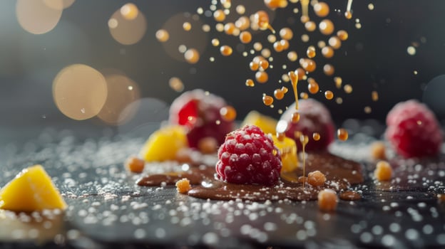 A close up of a dessert with fruit and sprinkles on it, AI photo