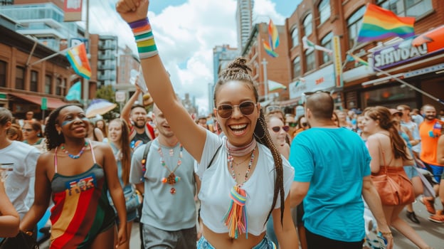 Diversity young gay women waving pride rainbow flag photo