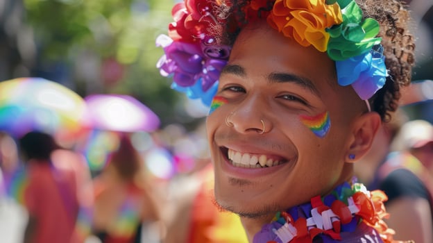 Diversity young gay waving pride rainbow flag photo