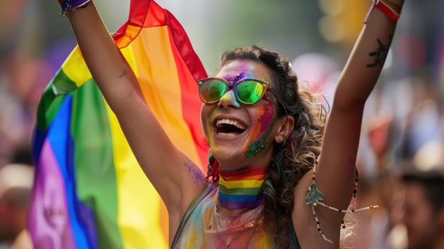 Diversity young gay women waving pride rainbow flag photo