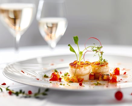 a plate of food with a glass of wine photo