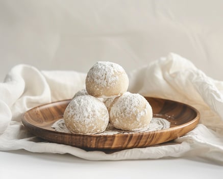 three balls of powdered sugar on a wooden plate photo