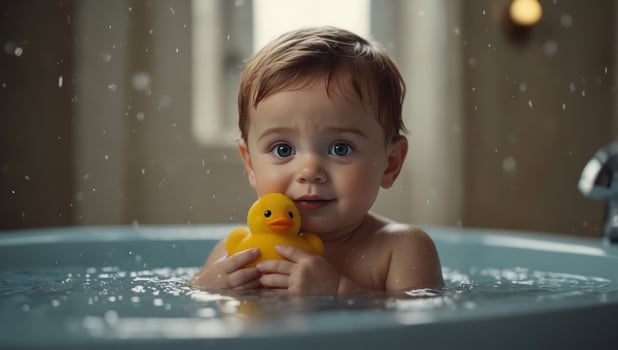 Adorable baby bathing in bathtub with a cute little yellow rubber duck toy at home looking at the camera, bubble bath of a happy baby, copy space. photo
