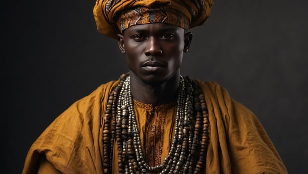 African man in national clothes and traditional headdress Gele from Nigeria is praying before the gray wall. photo