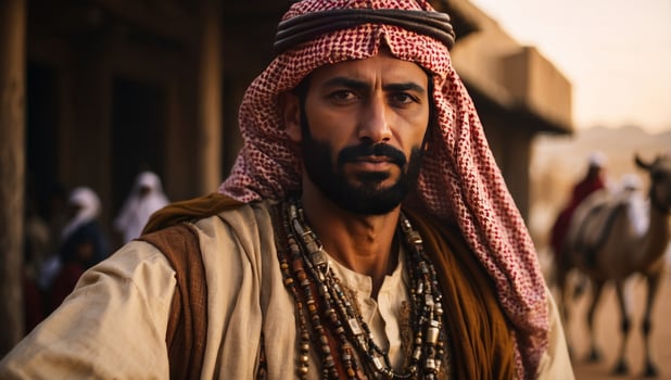 Arabian man with traditional clothes riding his camel. photo