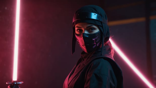 Beautiful woman ninja in black and equipped with powerful lightsaber in beautiful neon pink background, contemporary art studio shot, cosmic cosplay concept. photo