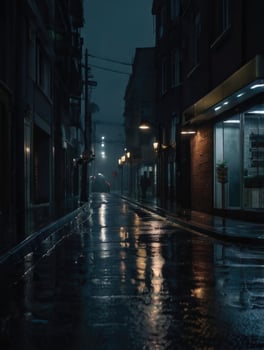 a rainy street with a light on it photo