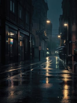 a rainy street with a light on it photo