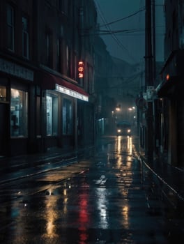 a rainy street with a light on it photo