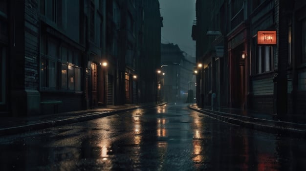 a rainy street with a light on it photo