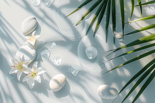 White stones, lily flowers, and sun shadows creating a beautiful spa background on a transparent surface, Generated AI photo