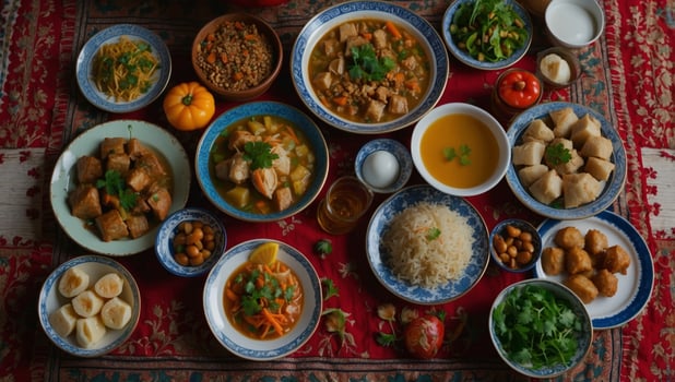 Traditional Uzbek oriental cuisine Uzbek family table from different dishes in national dishes for the New Year holiday The background image is a top view, copy space, flat lay. photo
