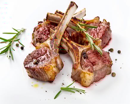 grilled lamb chops on white plate with rosemary photo