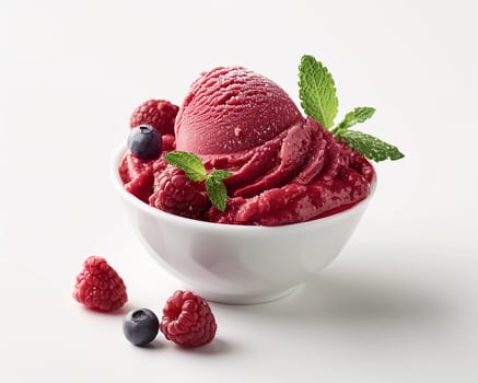 a bowl of ice cream with berries and mint leaves photo