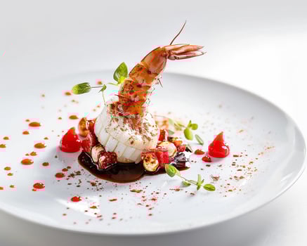 a plate with a shrimp and a sauce on it photo