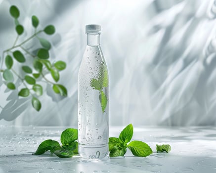 a bottle of water with a leaf on it photo