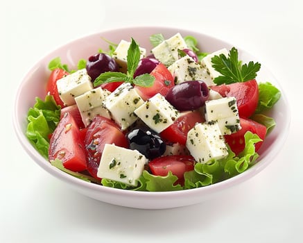 a bowl of salad with tomatoes, feta cheese and olives photo