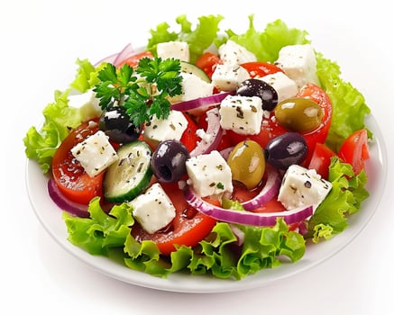 a plate of salad with tomatoes, cucumbers, onions and feta cheese photo