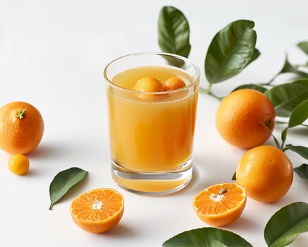 an orange juice with a few pieces of fruit photo