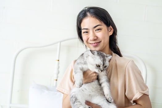 Beautiful asian woman smile and embrace the charming adorable cat, Adorable domestic pet concept. photo