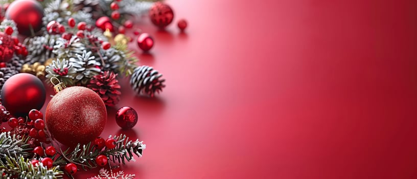 Assorted christmas decorations on red surface, holiday banner with copy space photo