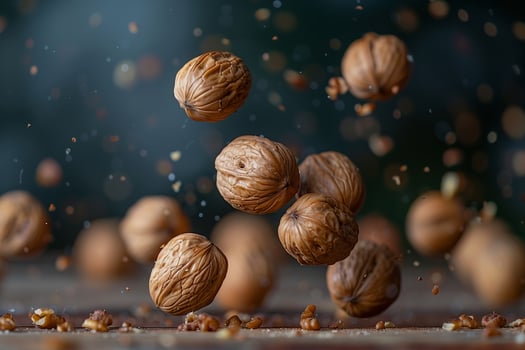 Bunch of nuts falling in the air, walnut close-up photo