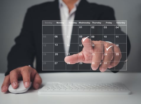 Appointment scheduler, Businessman marking dates on virtual calendar, managing his business schedule, setting reminders for important appointments, creative collage for planning ideas. photo