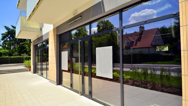 Panoramic windows of new commercial premises. Commercial property in development standard for rent. photo