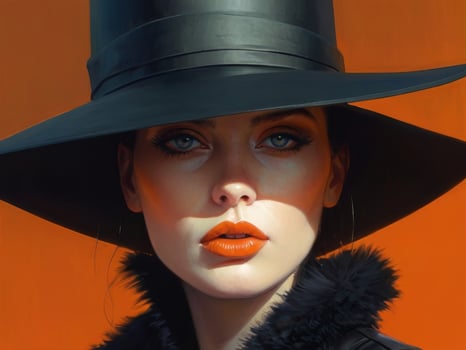 Portrait of a mysterious beautiful young woman in a black hat with red lips. Fashionable glamor fashion makeup. Sensual red lips. photo