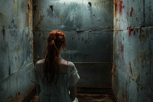 Woman stands alone in a dilapidated room, symbolizing despair and mental health struggles photo