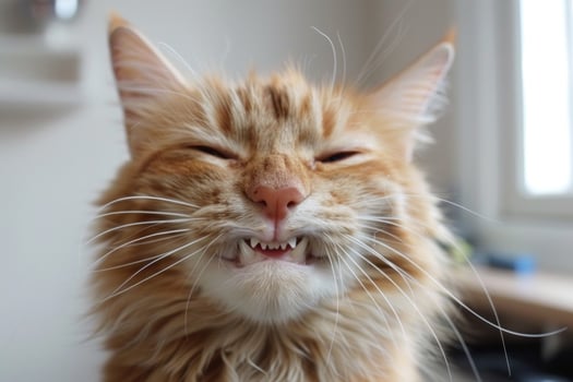 Ginger cat showing teeth indoors photo