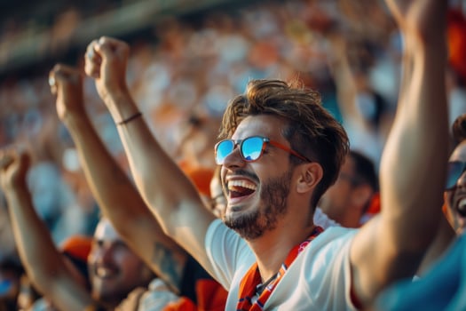 Excited male spectator cheering and raising arms at stadium event photo
